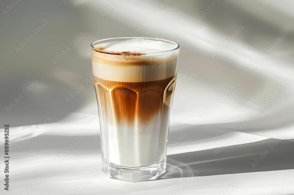 AI-generated illustration of a glass of layered latte macchiato with sunlight casting shadows AI-generated illustration of a glass of layered latte macchiato with sunlight casting shadows