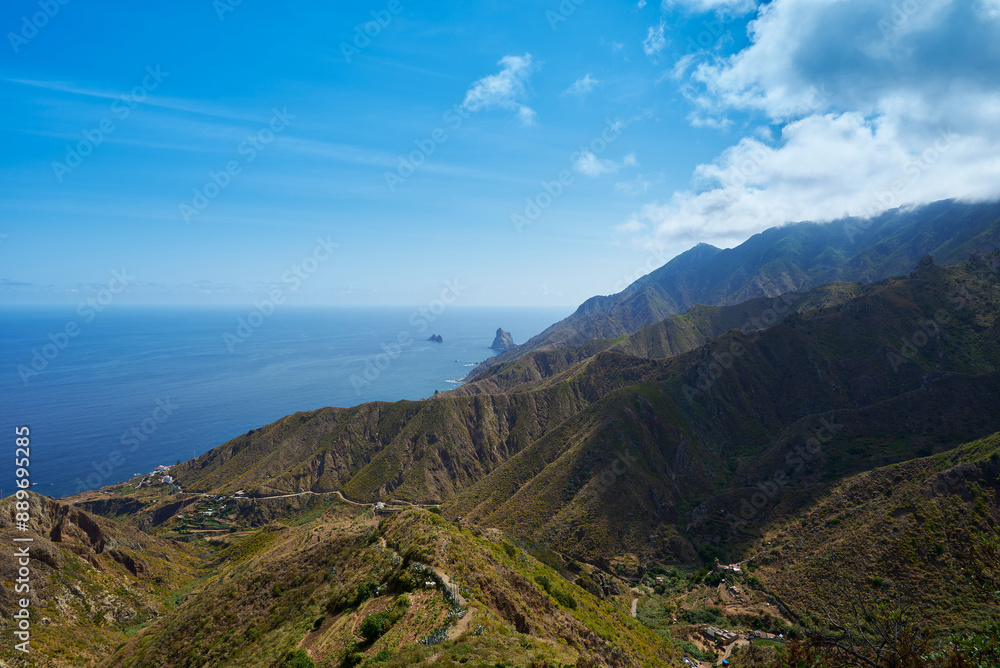 Fototapeta premium Risco Amogoje Taganana Tenerife Spain View from the top of Playa de Benijo to the Atlantic Ocean and mountains with sharp ridges