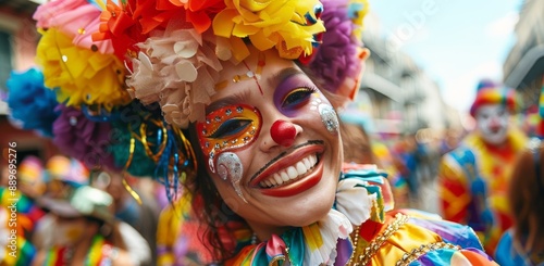 Smiling Woman Dressed as a Clown at a Colorful Street Festival