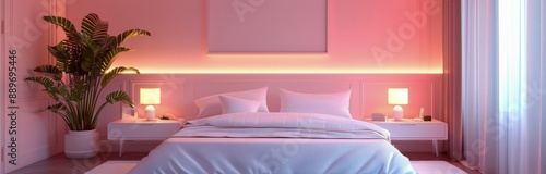 Pink Bedroom Interior Design With White Bed and Flowers by Window