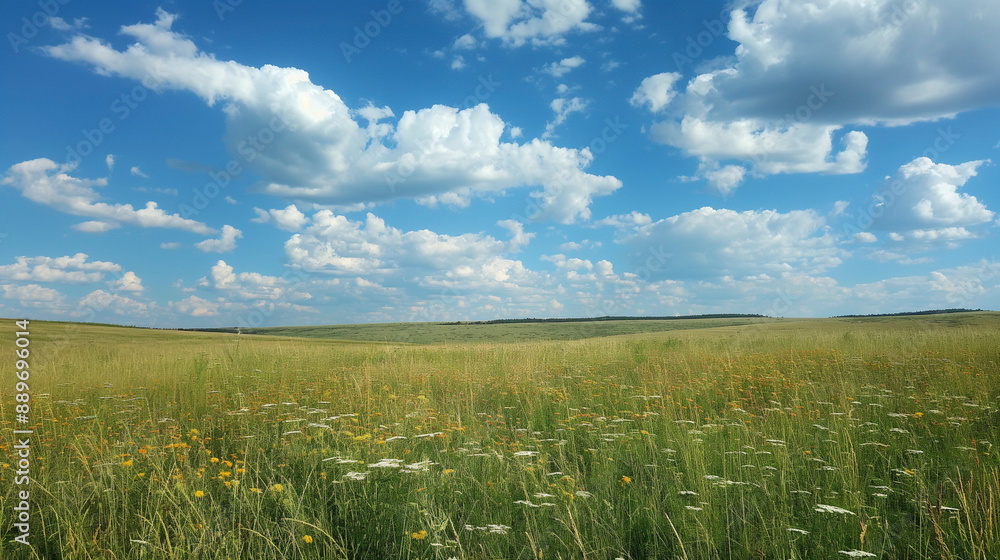 Fototapeta premium Nature landscape with grass and blue sky with clouds