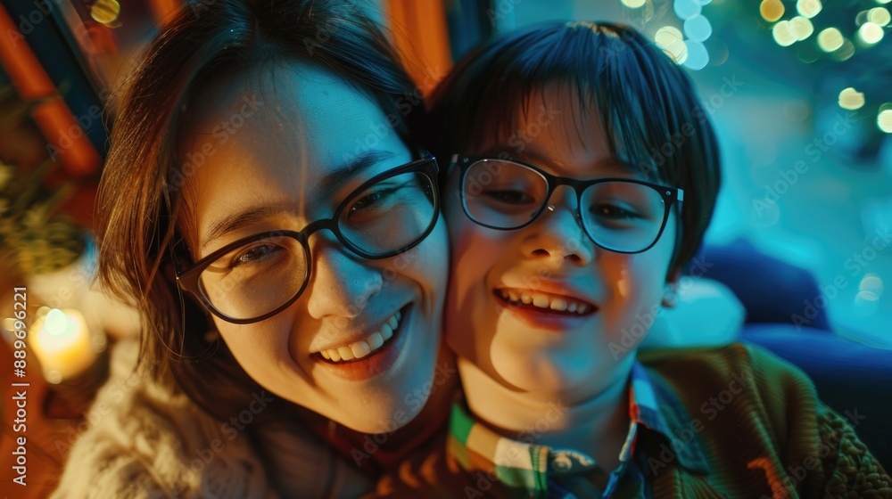 Obraz premium A mother and son share a joyful moment in front of the camera