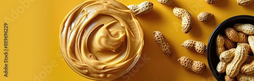 Close Up of Peanut Butter and Peanuts on Yellow Background