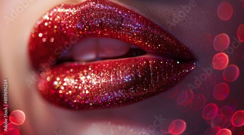 Close Up of Red Lips With Glitter in Front of Bokeh