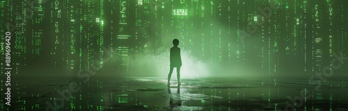 A Single Figure Stands Amidst a Green Digital Rain