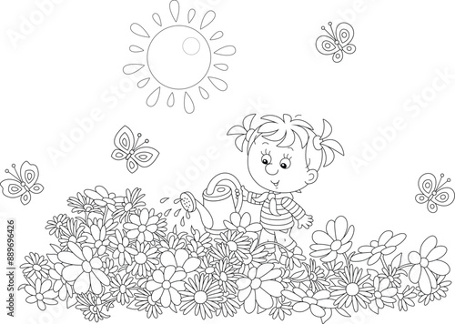 Happy little girl watering garden flowers on a pretty flowerbed on a sunny summer day, black and white vector cartoon illustration for a coloring book page