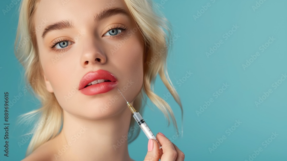 Fototapeta premium Blonde woman receiving beauty injection in lips, holding syringe over blue studio background, closeup, copy space