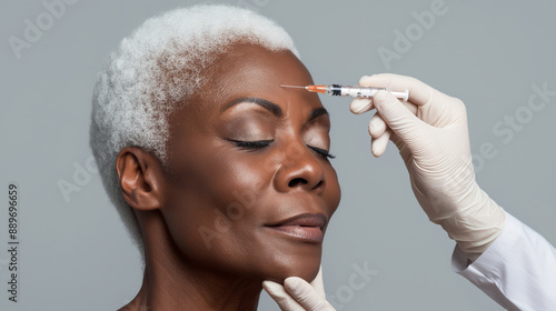 Senior black woman receiving beauty injection for anti wrinkle treatment, portrait on gray background