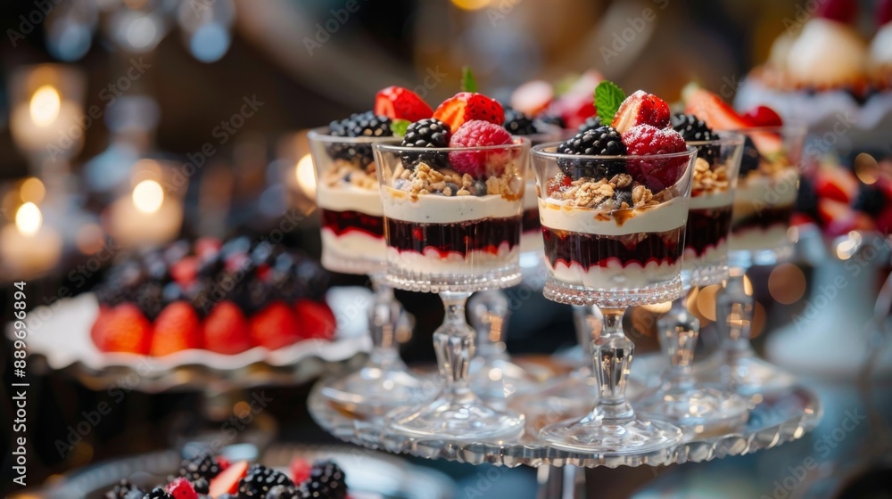 Elegant dessert table featuring multiple parfait glasses with different layers of custard, fruit, Elegant dessert table featuring multiple parfait glasses with different layers of custard, fruit,