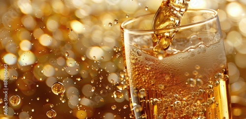 Sparkling Wine Pouring Into Glass With Bokeh Lights