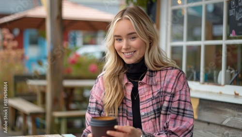 Young Woman Using Phone While Sitting at Outdoor Cafe