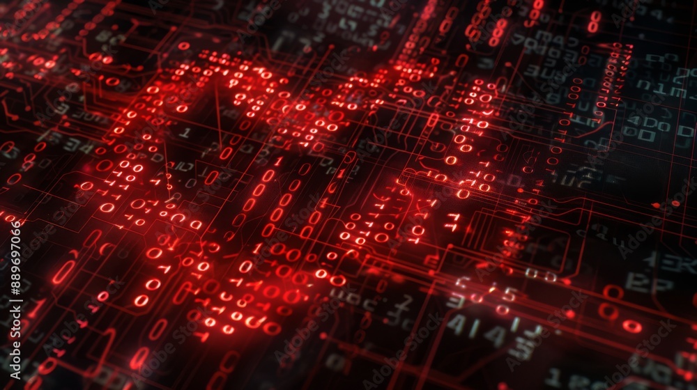 A close-up view of glowing red binary code forming a pattern on a dark background. A close-up view of glowing red binary code forming a pattern on a dark background.