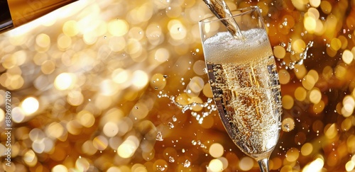 Sparkling Wine Pouring Into Glass With Bokeh Lights