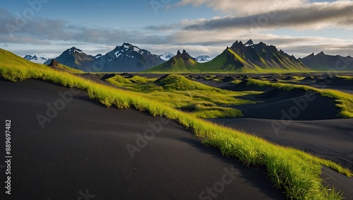 Scenic landscape featuring black sand dunes and lush greenery by Vestrahorn mountains, Iceland