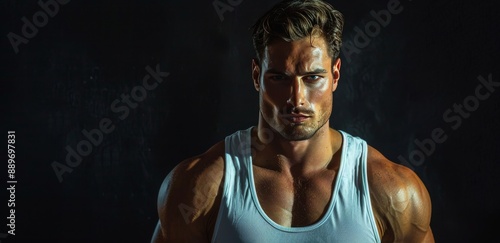 Muscular Man Posing in a White Tank Top Against a Dark Background