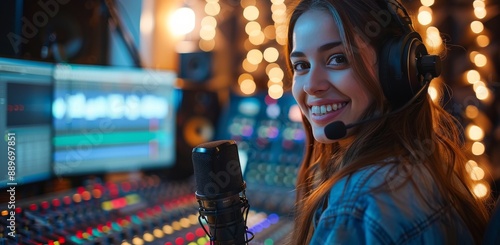 Young Woman Recording Music in Studio With Headphones and Microphone