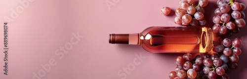 A Single Bottle of Rose Wine With Fresh Grapes on a Pink Background