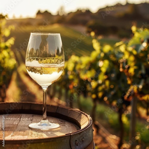 sundrenched vineyard landscape with a glass of chilled white wine perched on an oak barrel golden hour light bathes the scene highlighting the lush grape vines in the background