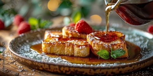 Golden French Toast Being Drizzled With Syrup at Sunset