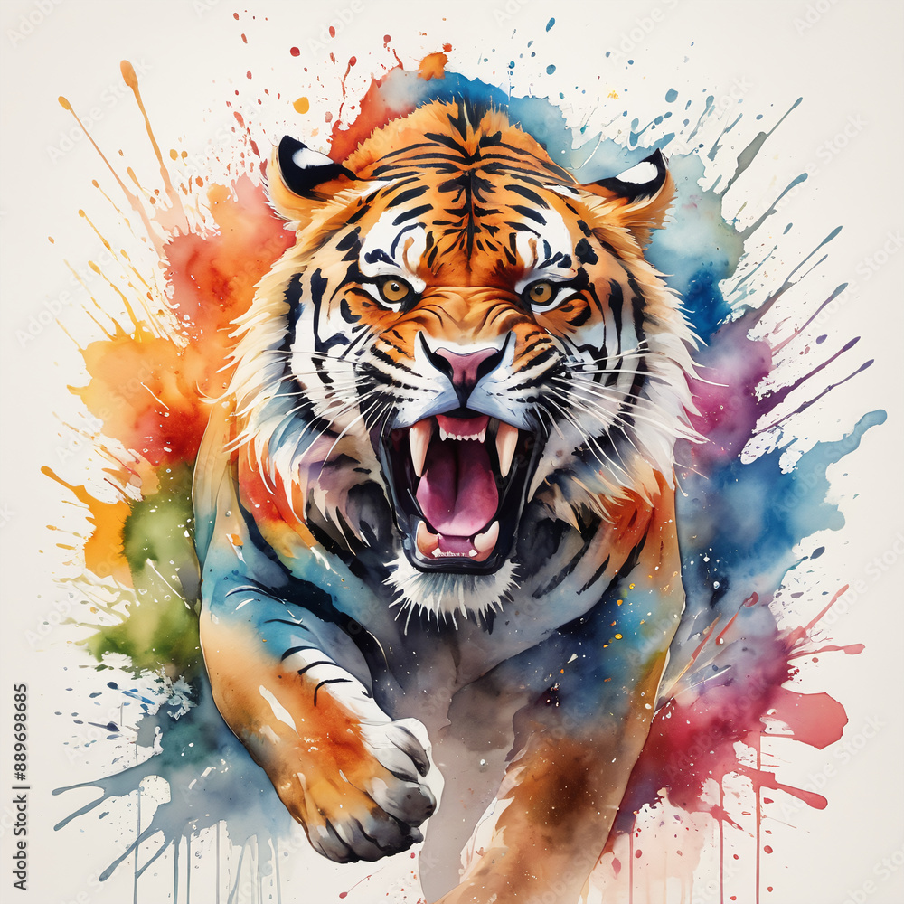 Naklejka premium Portrait of roaring angry and aggressive tiger colorful watercolor painted.