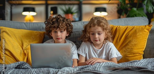 Two Young Boys Smiling at Laptop on a Couch in a Living Room