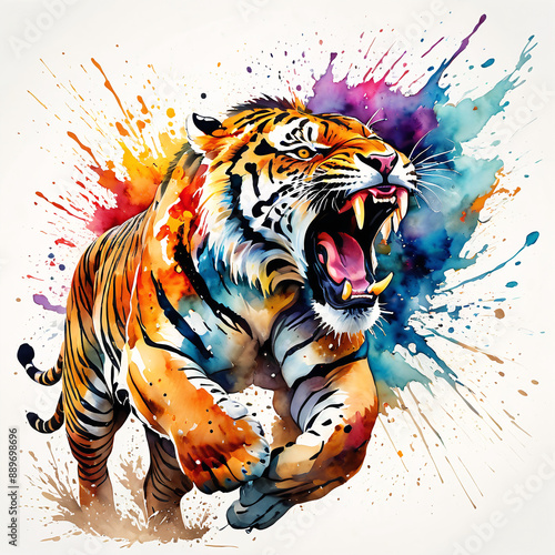 Wallpaper Mural Portrait of roaring angry and aggressive tiger colorful watercolor painted. Torontodigital.ca