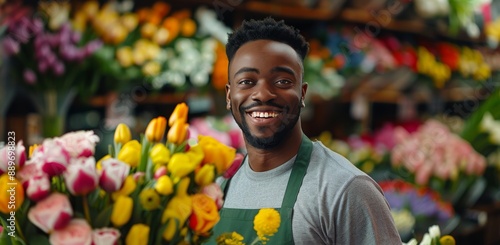 Smiling Florist in Flower Shop With Tulips and Daisies