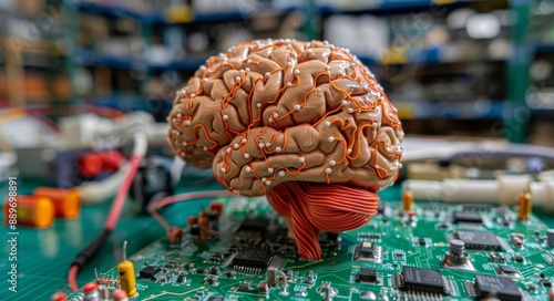 Human Brain Model Wired to Circuit Board