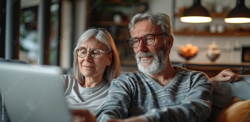 Senior Couple Using Laptop at Home in the Evening Senior Couple Using Laptop at Home in the Evening
