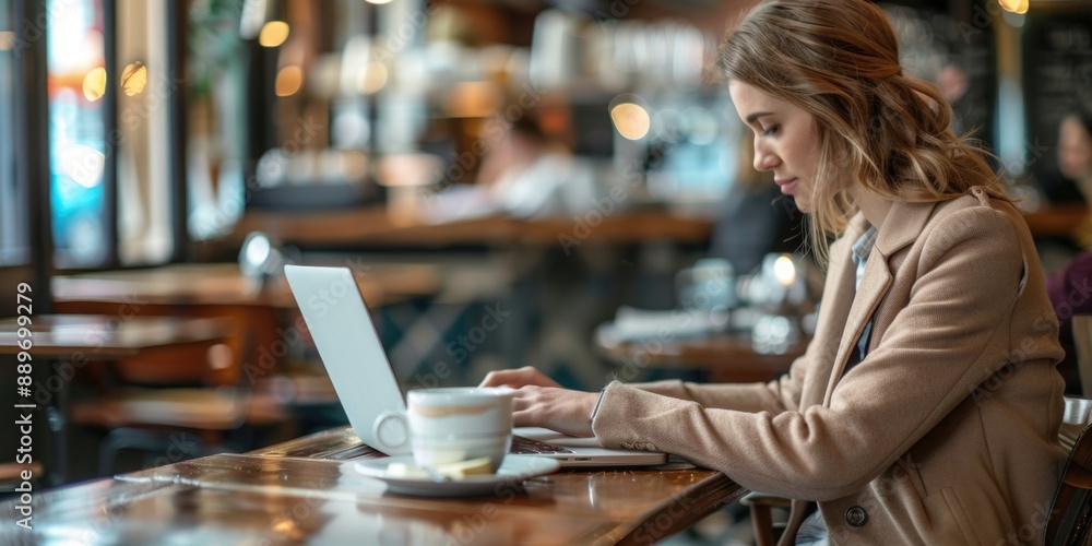 Fototapeta premium A woman sitting at a table using a laptop computer, perfect for office or home use