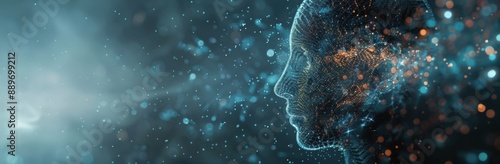 Digital Human Exhaling Blue Particles in Dark Background