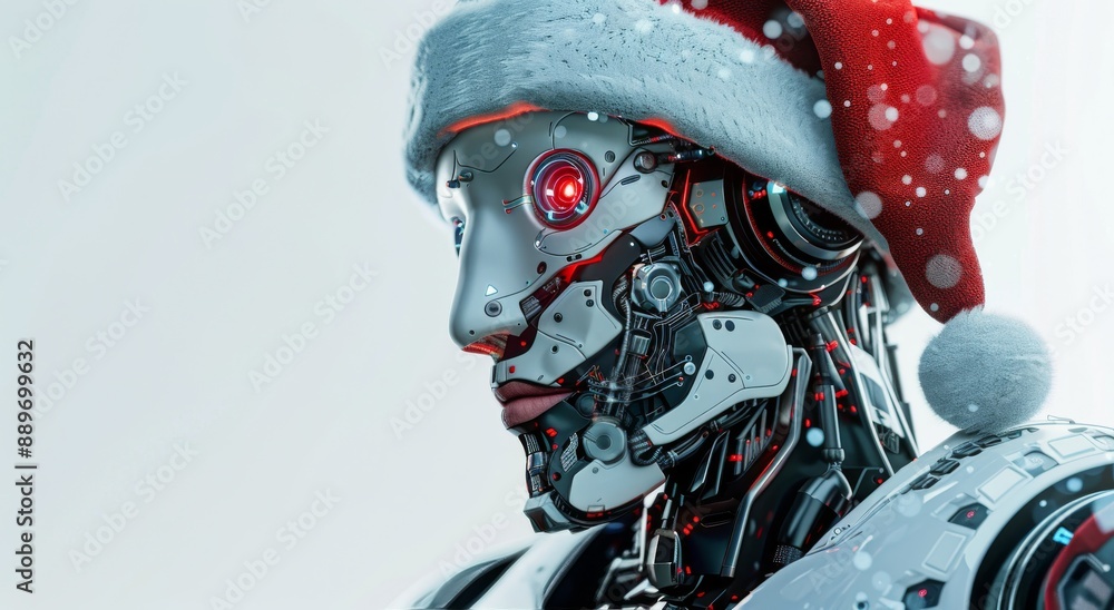 A White Robot Wearing A Santa Hat Looks Toward The Right A White Robot Wearing A Santa Hat Looks Toward The Right