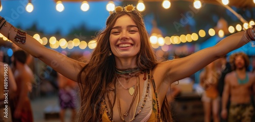 Smiling Woman At Outdoor Night Festival