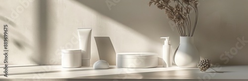White Beauty Products Displayed on Tray With Flowers in Vases