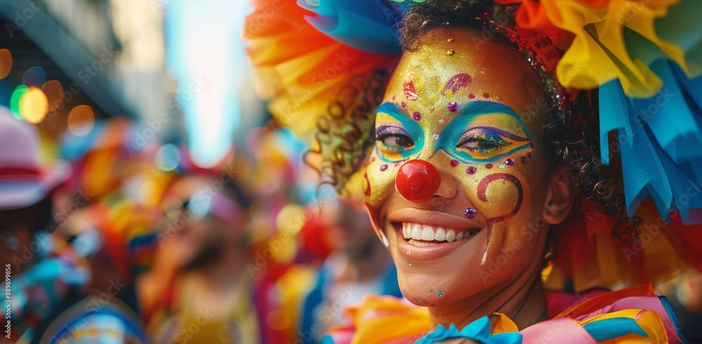 Smiling Woman Dressed as a Clown at a Colorful Street Festival Smiling Woman Dressed as a Clown at a Colorful Street Festival