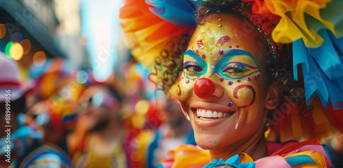 Smiling Woman Dressed as a Clown at a Colorful Street Festival