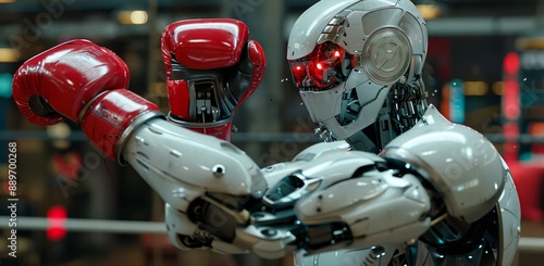 White Robot With Red Boxing Glove Punching