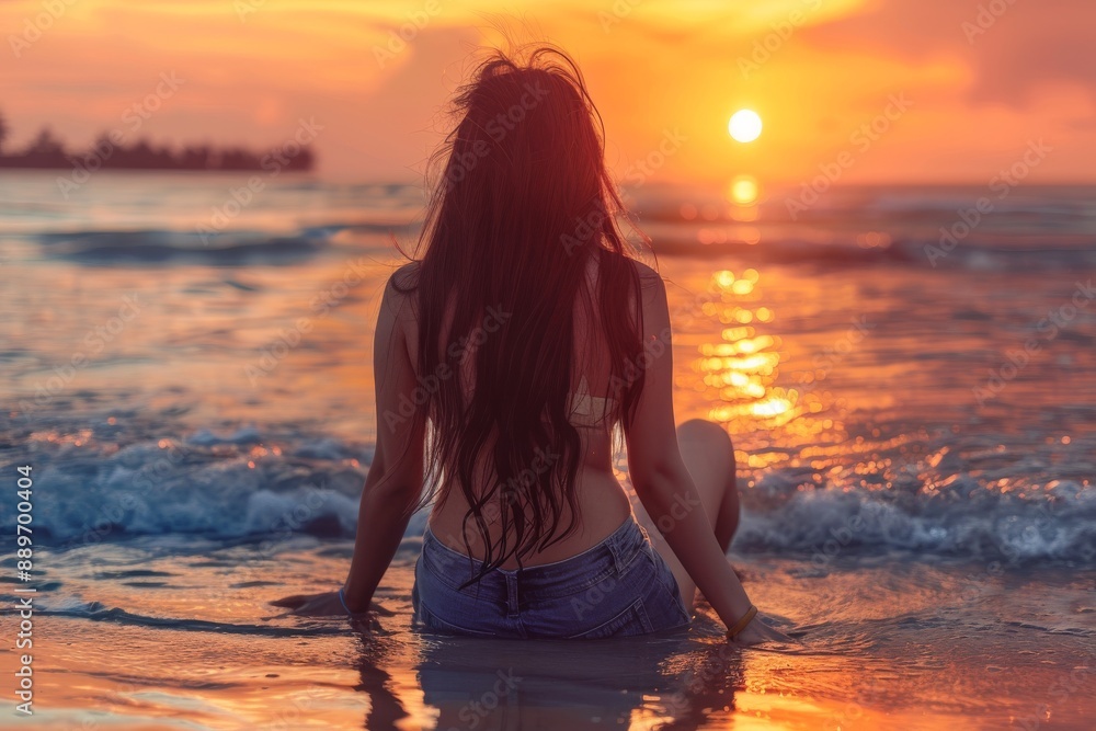 Woman watching the sunset on a beach capturing a moment of serenity and contemplation Woman watching the sunset on a beach capturing a moment of serenity and contemplation