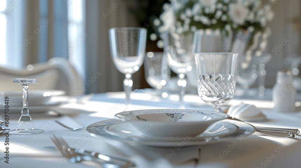 Elegant dining setup with fine china, crystal glasses, and silverware on a clean white tablecloth. 32k, full ultra HD, high resolution Elegant dining setup with fine china, crystal glasses, and silverware on a clean white tablecloth. 32k, full ultra HD, high resolution