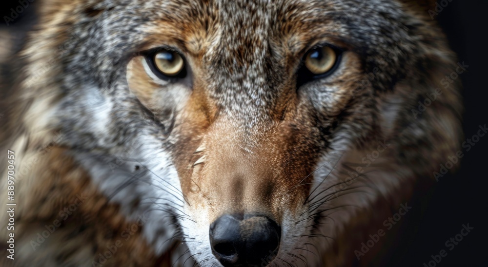 Fototapeta premium Close Up Of A Coyote's Face In A Dark Setting