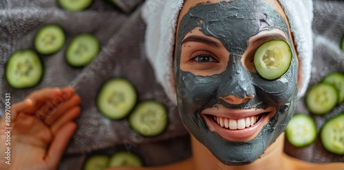 Woman Smiling With Facial Mask and Cucumber Slices at a Spa