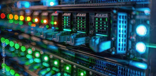 Close Up of Illuminated Server Racks in Data Center