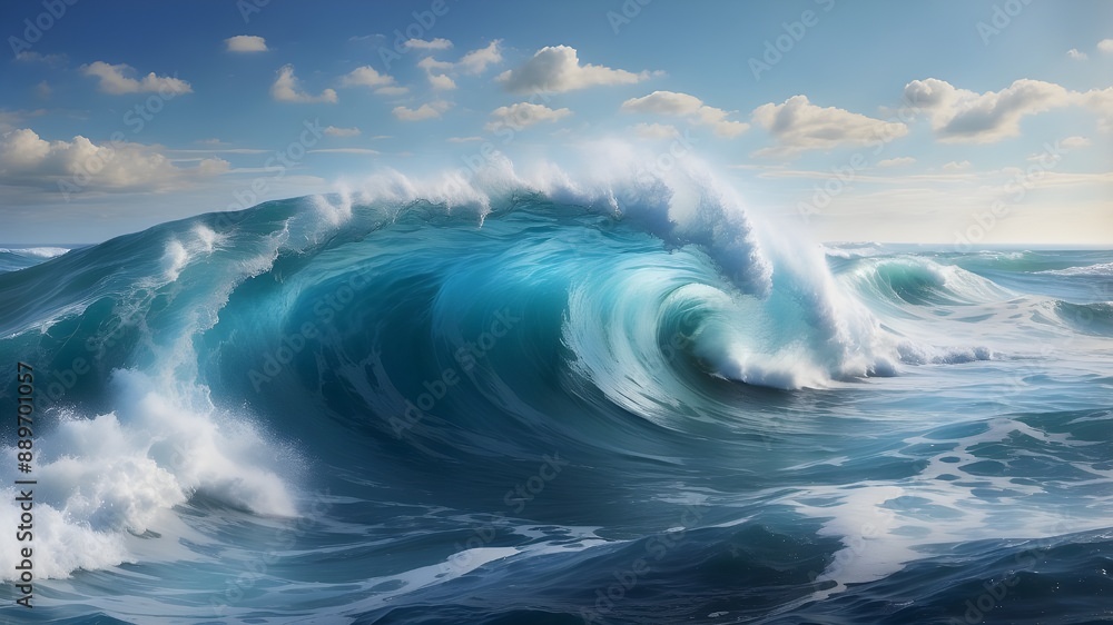 A blue wave in the ocean. Large waves crashing onto a reef nearby. A blue wave in the ocean. Large waves crashing onto a reef nearby.