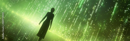 Silhouette of a Woman Walking Through a Green Digital Matrix
