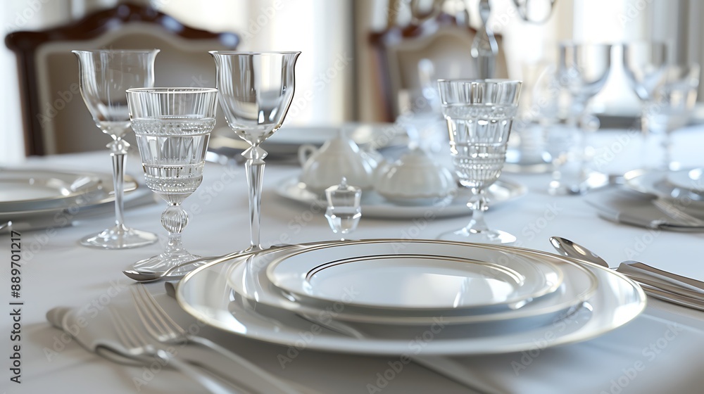 Elegant dining setup with fine china, crystal glasses, and silverware on a clean white tablecloth. 32k, full ultra HD, high resolution Elegant dining setup with fine china, crystal glasses, and silverware on a clean white tablecloth. 32k, full ultra HD, high resolution