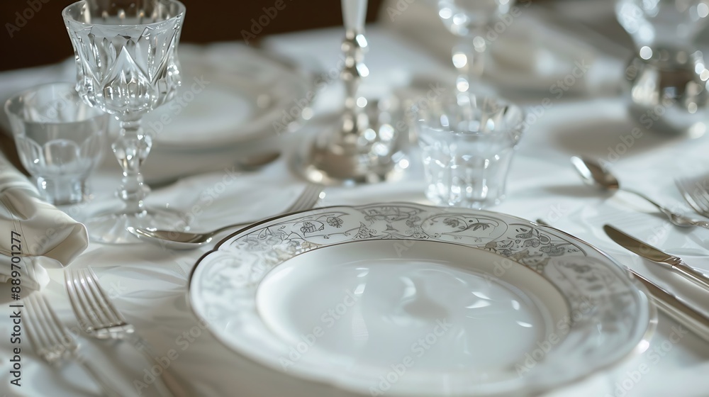 Elegant dining setup with fine china, crystal glasses, and silverware on a clean white tablecloth. 32k, full ultra HD, high resolution Elegant dining setup with fine china, crystal glasses, and silverware on a clean white tablecloth. 32k, full ultra HD, high resolution