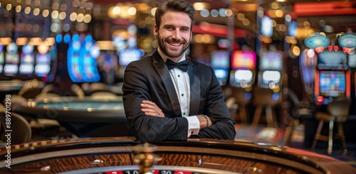 Man In Tuxedo Standing At Casino Roulette Table