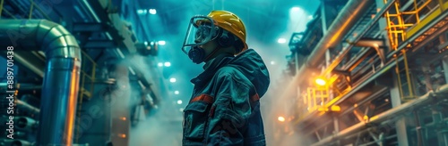 Industrial Worker Standing in a Factory at Night