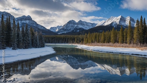 Scenic view Rocky Mountains almost perfectly mirrored in Bow River near Canmore, Alberta, Canada. Winter and bear country photo