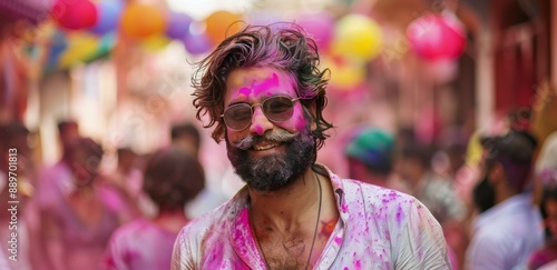 Man Covered In Pink Holi Powder Smiles In Busy Indian Street